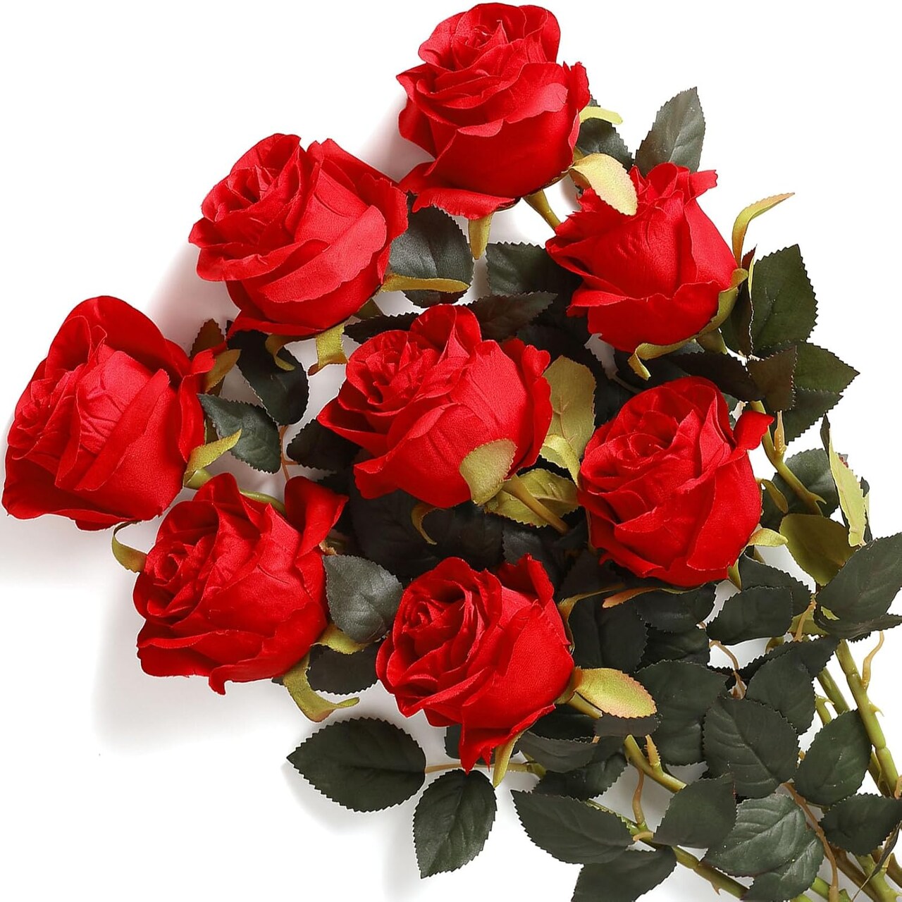 8PCS Red Roses Artificial Flowers Realistic Long Stem Fake Roses Bouquet()